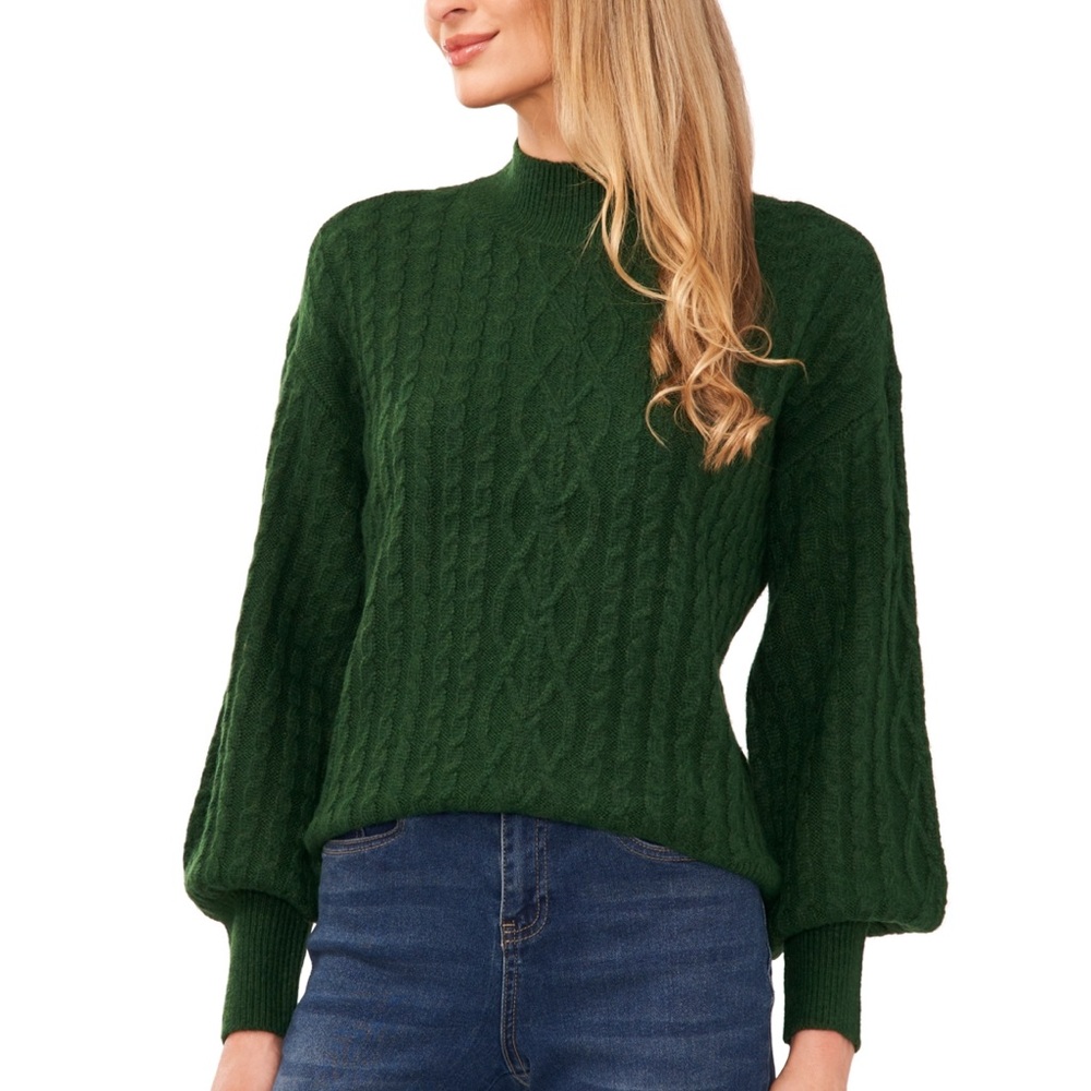 Cece Cable-Knit Mock Neck Bishop-Sleeve Sweater Alpine Green